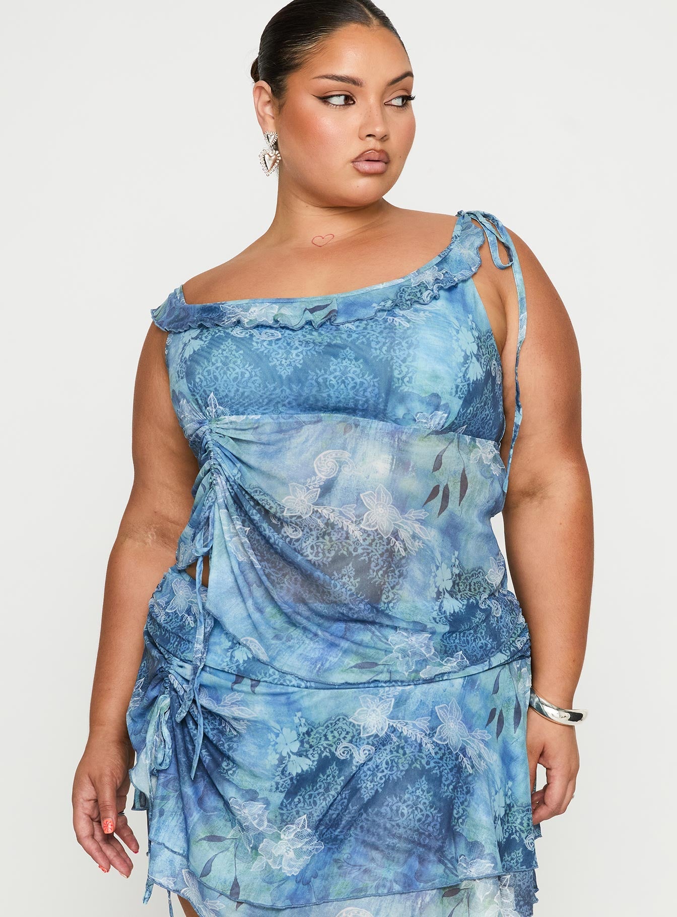 Rosee Off Shoulder Frill Top Blue Mutli Curve