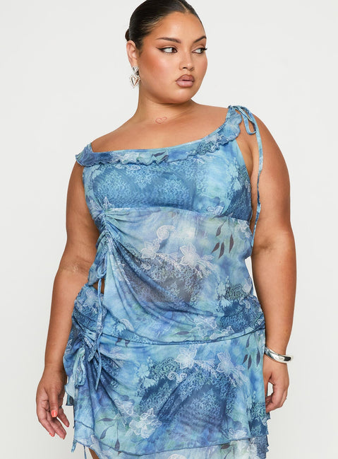 Rosee Off Shoulder Frill Top Blue Mutli Curve