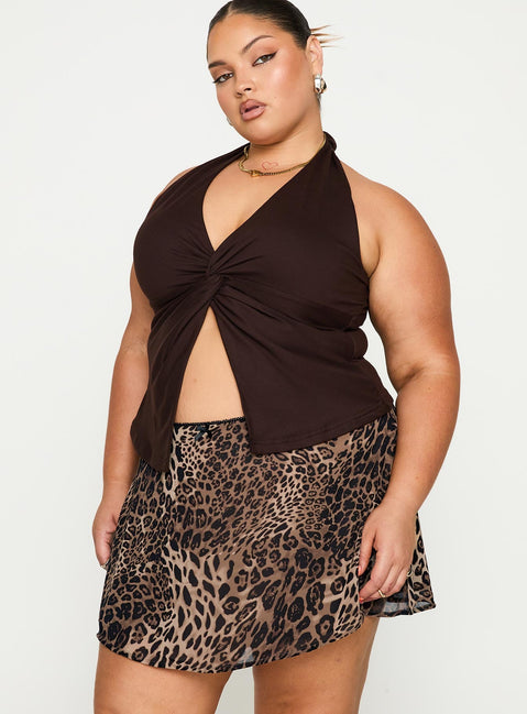   side view of model wearing Princess Polly Tejano Mini Skirt Leopard Curve Mini Skirts Skirts 