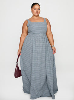front view of model wearing Princess Polly Cartmel Check Maxi Dress Navy Curve Square Neck 