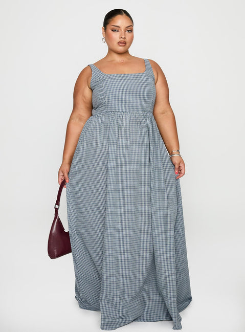 front view of model wearing Princess Polly Cartmel Check Maxi Dress Navy Curve Square Neck 