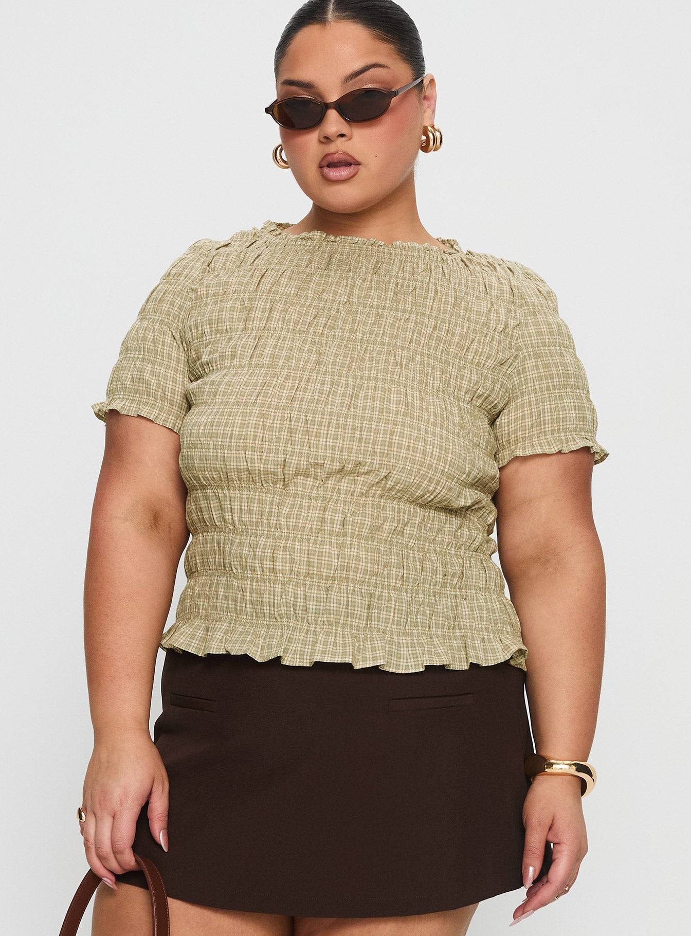 Romelle Shirred Top Green / Brown Plaid Curve