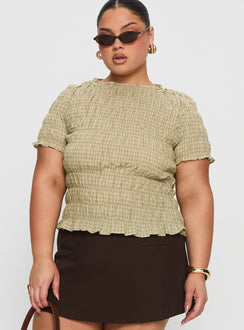Romelle Shirred Top Green / Brown Plaid Curve