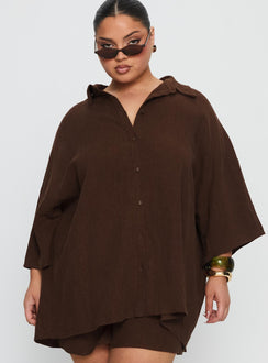 Peni Linen Button Down Top Chocolate Curve