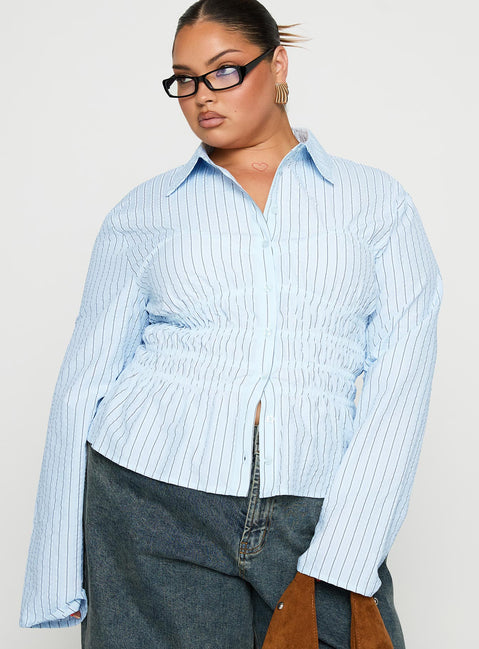 front view of model wearing Princess Polly Liesel Shirred Long Sleeve Top Stripe Curve Full Sleeves V-Neck 