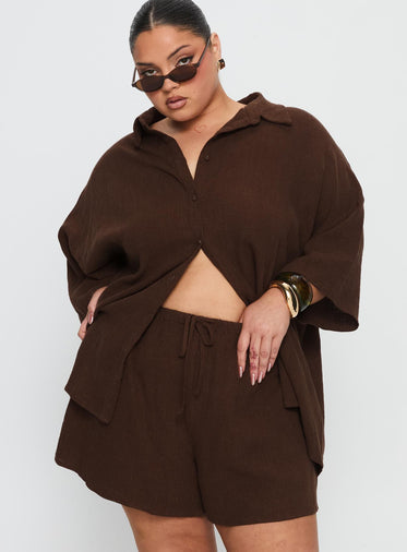 Peni Drawstring Linen Shorts Chocolate Curve