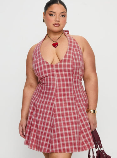 Out Of Nowhere Halter Mini Dress Red Check Curve