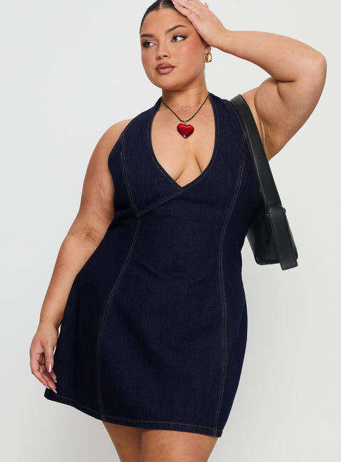 Say Goodnight Denim Halter Mini Dress Mid Wash Curve