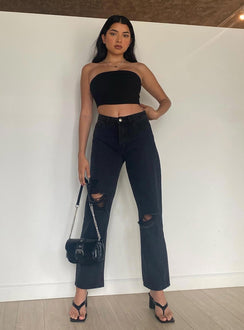 Front view of model wearing  front Princess Polly High Waisted  Fraya High Rise Boyfriend Jeans Denim