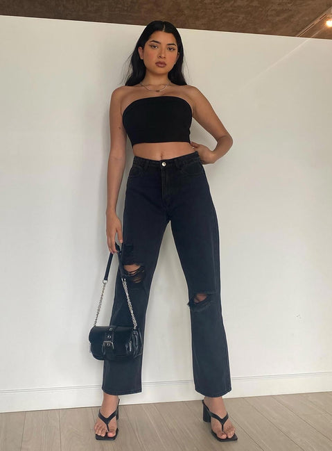 Front view of model wearing  front Princess Polly High Waisted  Fraya High Rise Boyfriend Jeans Denim