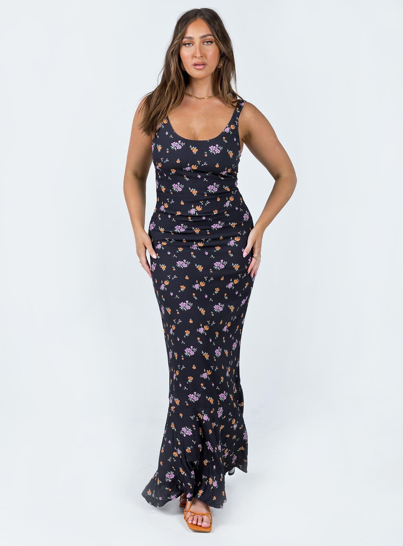 Front view of model wearing  front Princess Polly Crew Neck  Curtis Maxi Dress Black / Floral