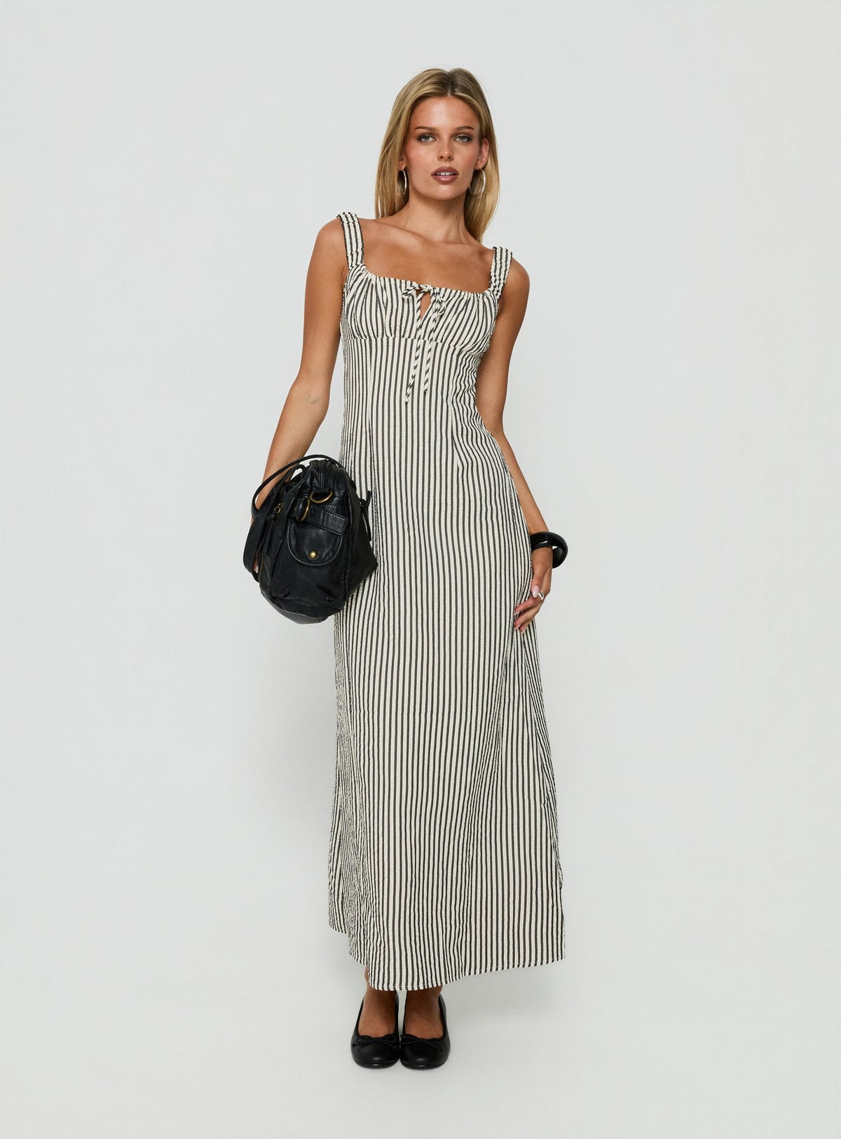 Vespar Tie Detail Maxi Dress Black / Cream Stripe