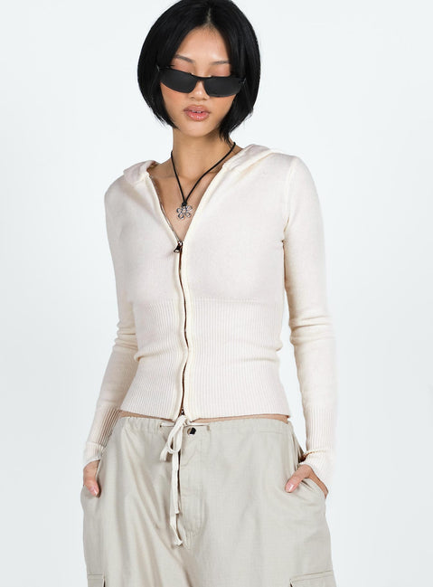 front view of model wearing Princess Polly Elingford Zip Up Hooded Sweater Cream 