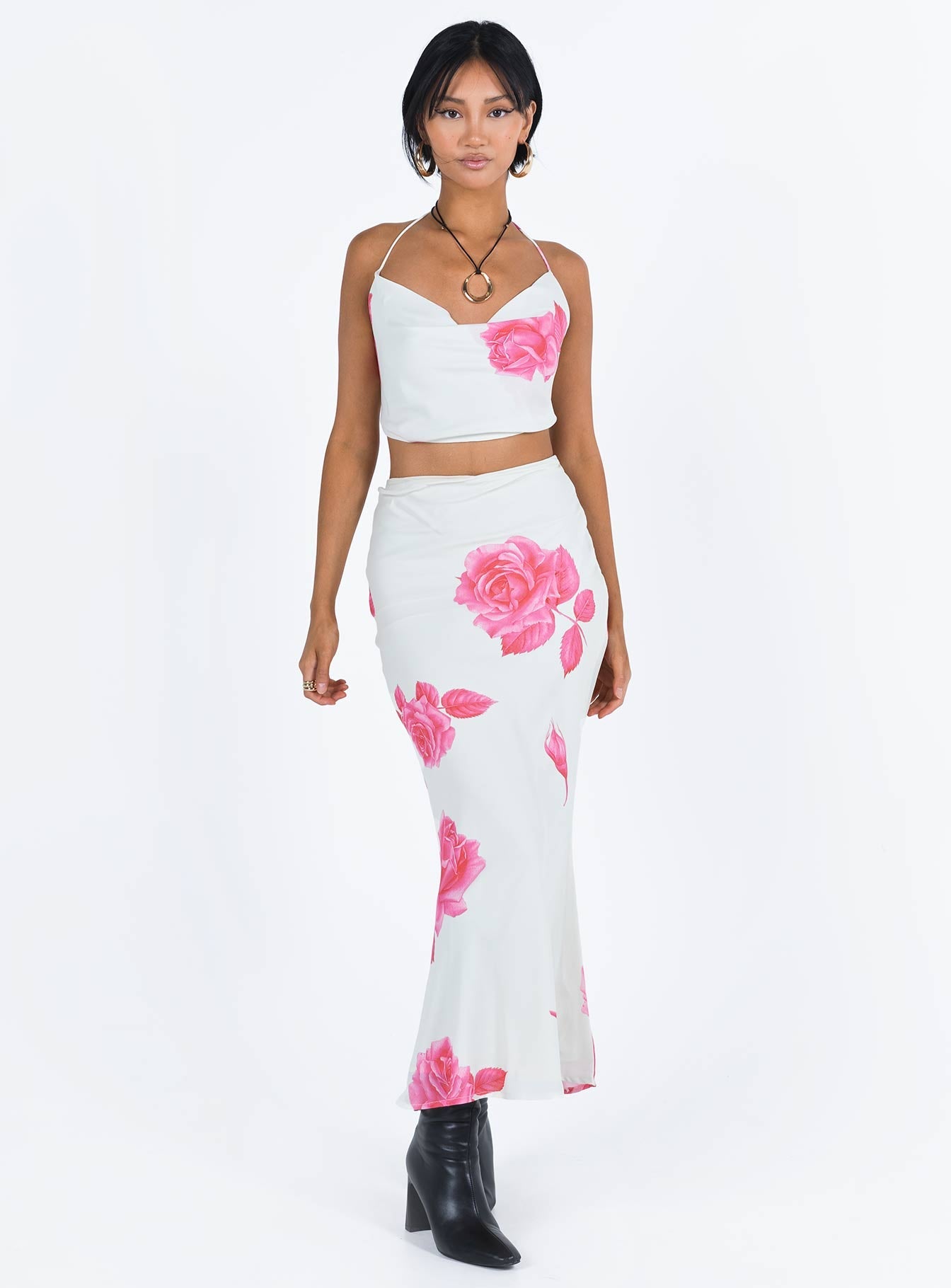 Two piece set Halter top Cowl neck Open back Tie fastening at neck and back Maxi skirt Invisible zip fastening at side