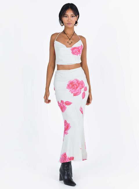 Two piece set Halter top Cowl neck Open back Tie fastening at neck and back Maxi skirt Invisible zip fastening at side