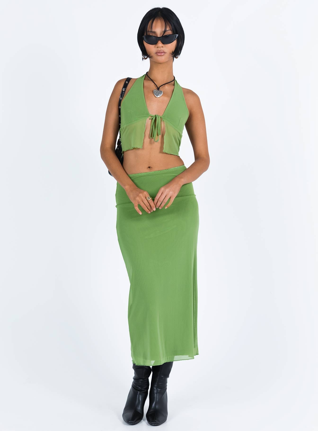 Matching set Mesh material Crop top Halter neck tie Split hem Tie fastening at bust Maxi skirt Low rise Good stretch Partially lined