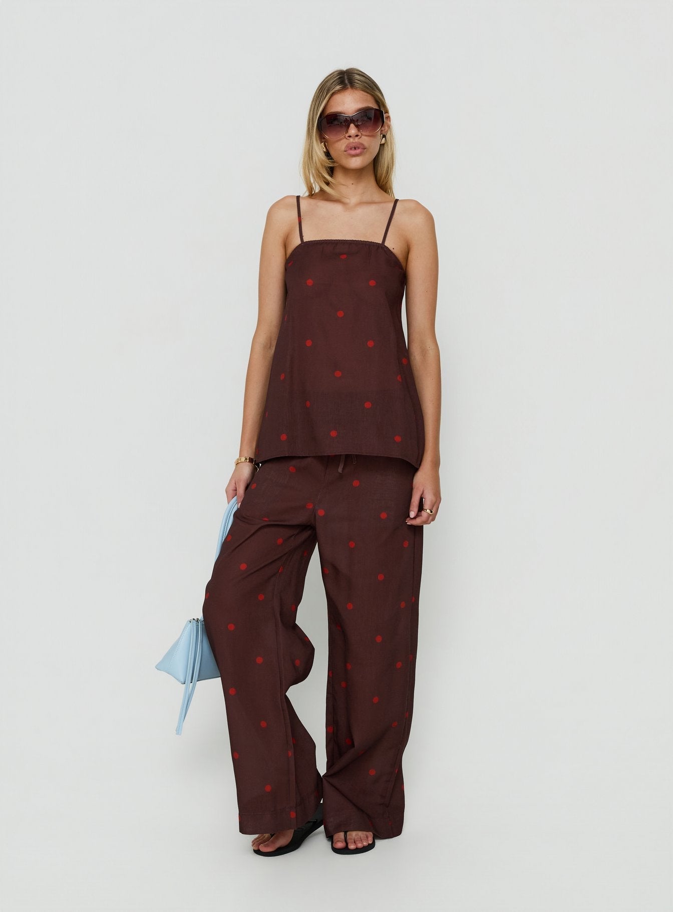 Bellara Tie Waist Pants Chocolate / Red Polka Dot
