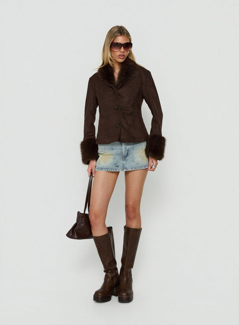 Memoree Faux Fur Trim Jacket Chocolate