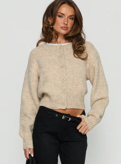 front view of model wearing Princess Polly Trevonn Button Up Knit Cardigan Beige Cropped Jumpers 