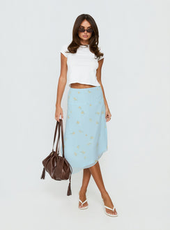   front view of model wearing Princess Polly Daphene Asymmetrical Midi Skirt Blue Floral Midi Skirts Skirts 