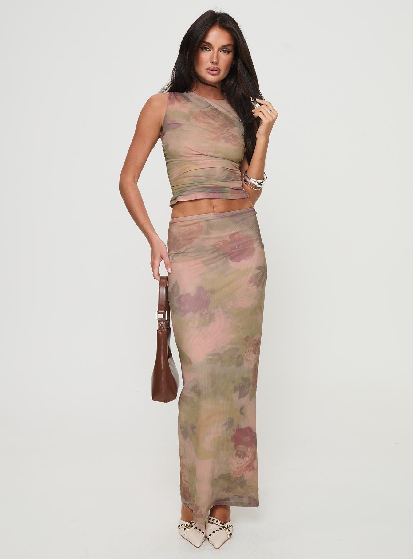   front view of model wearing Princess Polly Cascadia Maxi Skirt Purple Multi Maxi 
