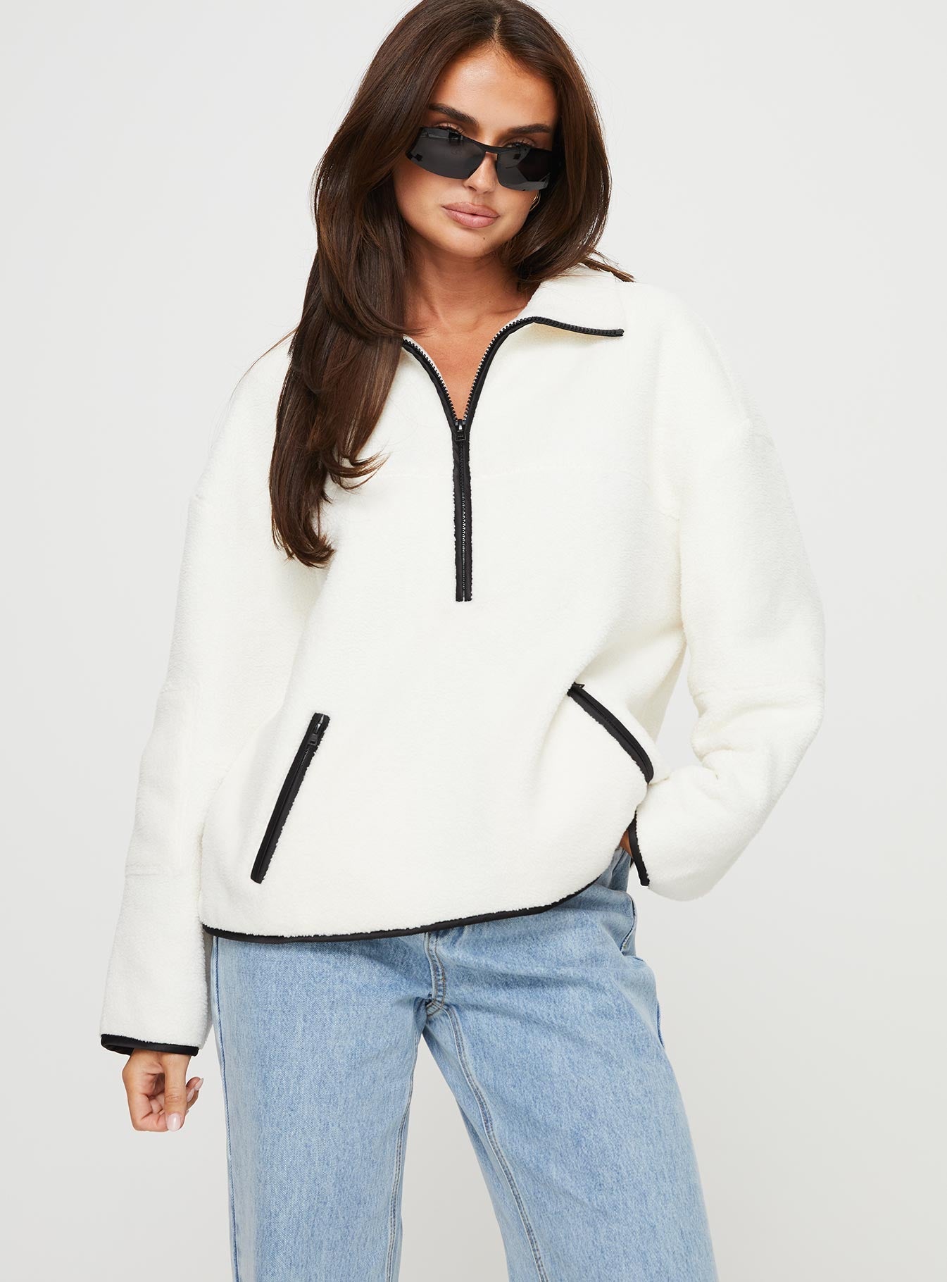 front view of model wearing Princess Polly Samuel Polar Fleece Sweater Cream 