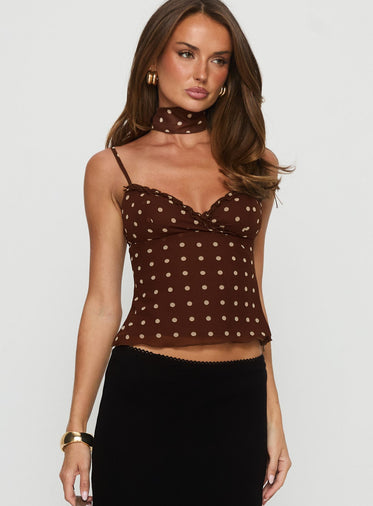 Mishy Scarf Detail Cami Top Brown Polka