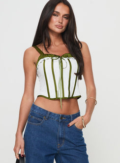 front view of model wearing Princess Polly Jiraia Lace Corset Top White / Green Sleeveless Sweetheart 