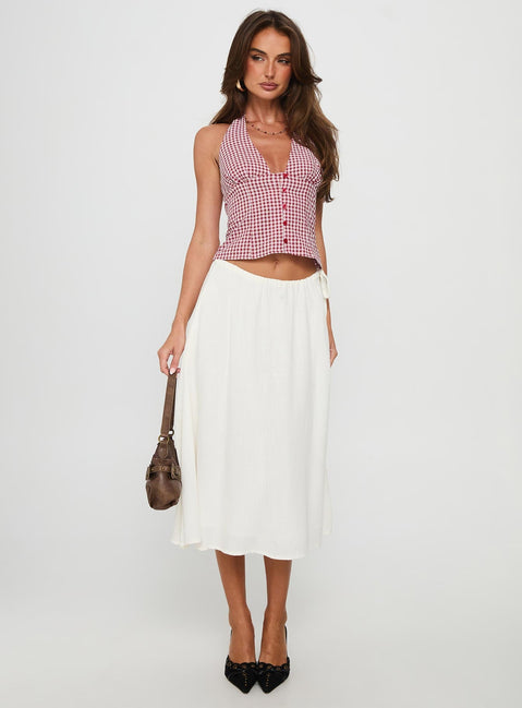   front view of model wearing Princess Polly Persuasion Tie Side Midi Skirt White Midi Skirts 