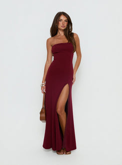 Diamanti Strapless High Slit Maxi Dress Burgundy