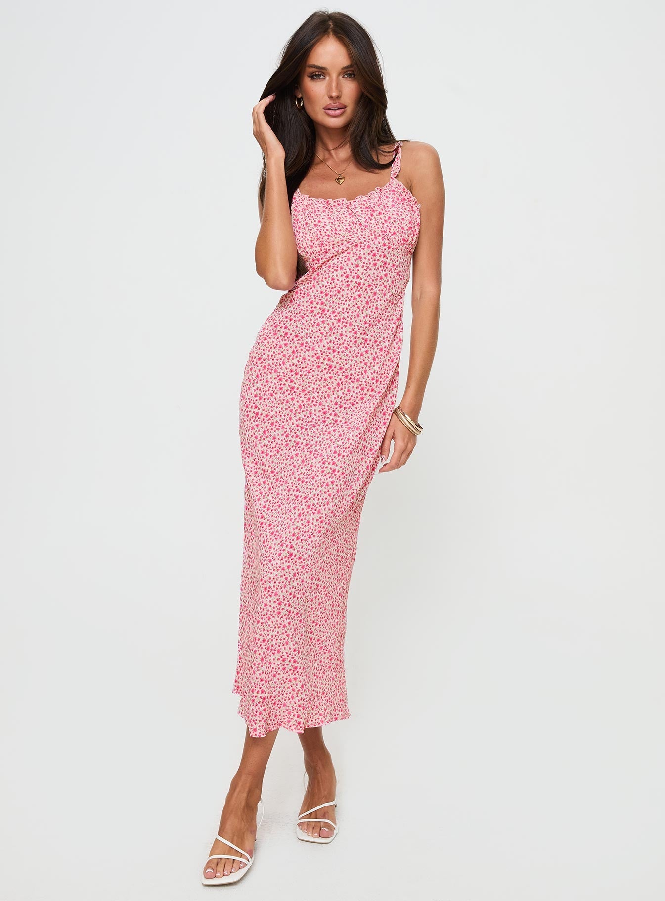 Floral print midi dress Adjustable shoulder straps, sweetheart neckline, invisible zip fastening at side