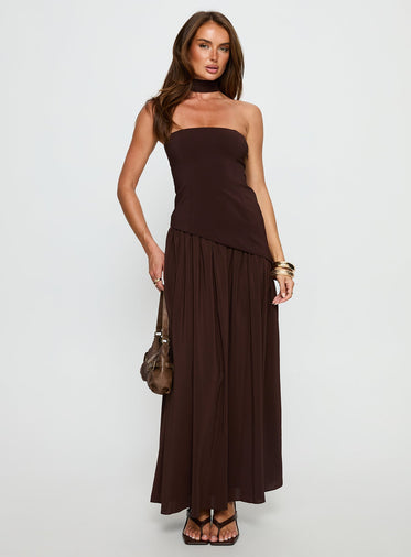 Odela Strapless Drop Waist Maxi Dress Chocolate