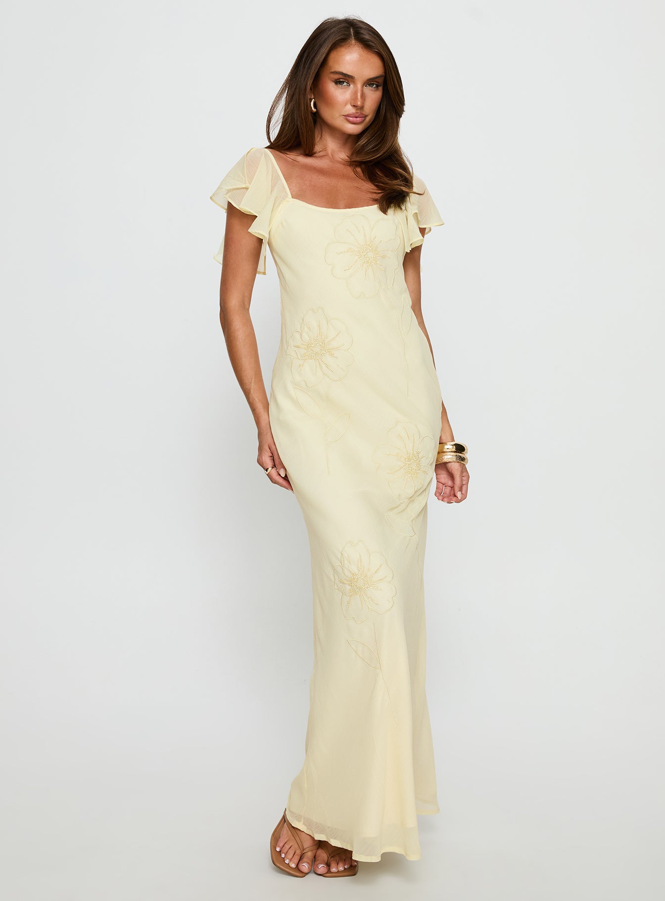 Estah Flutter Sleeve Embellished Maxi Dress Yellow