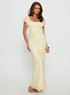 Estah Flutter Sleeve Embellished Maxi Dress Yellow