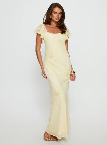 Estah Flutter Sleeve Embellished Maxi Dress Yellow
