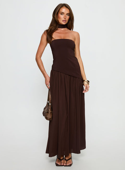 Odela Strapless Scarf Drop Waist Maxi Dress Chocolate