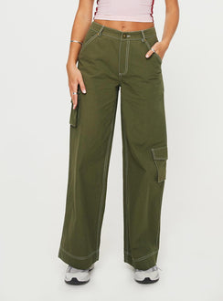 Mid-rise cargo pants Belt looped waistband, zip & button fastening, six pockets, wide leg Non-stretch material, unlined 
