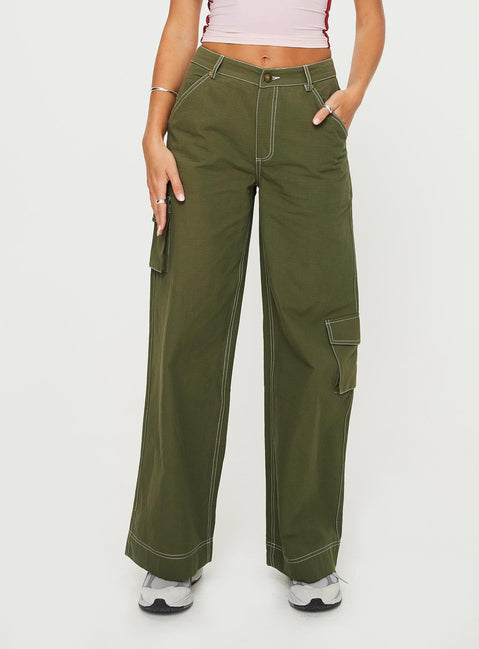 Mid-rise cargo pants Belt looped waistband, zip & button fastening, six pockets, wide leg Non-stretch material, unlined 