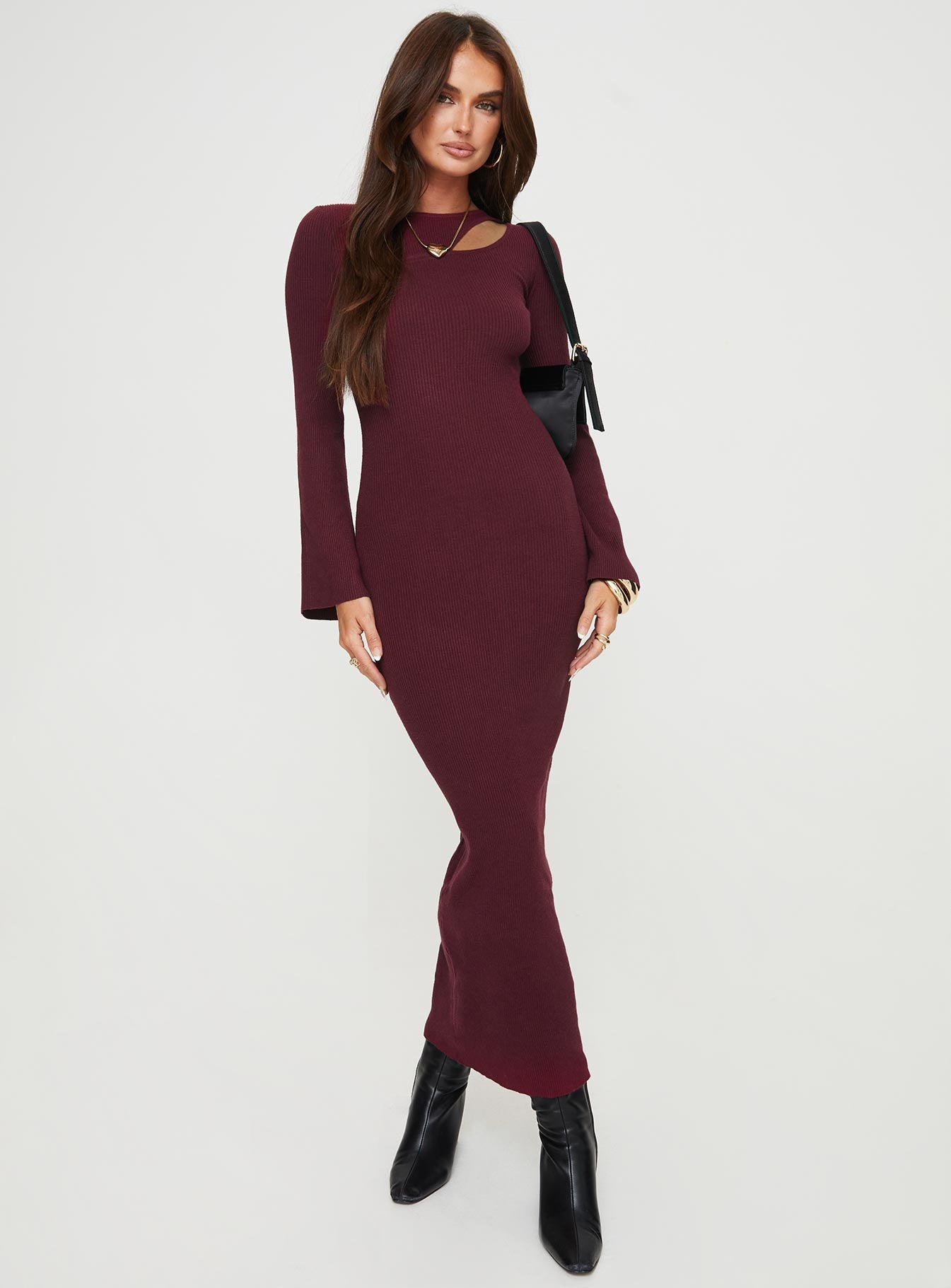 Maxi dress Princess Polly Lower Impact Rib knit material, round neckline, cut out detail at front