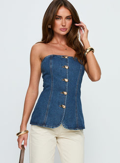 Deann Denim Strapless Top Mid Blue Wash