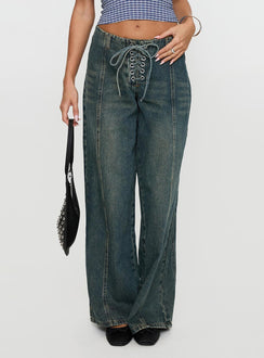 back view of model wearing Princess Polly San Mateo Tie Up Jeans Vintage Wash Low Rise Jeans 