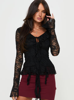 Black Long sleeve top Lace material, v neckline, tie fasting at front, frill detail throughout