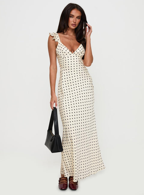 side view of model wearing Princess Polly Odeliah Polka Maxi Dress Cream Plunger 