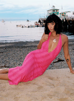 front view of model wearing Princess Polly Zoi Lace Halter Maxi Dress Hot Pink Plunger 