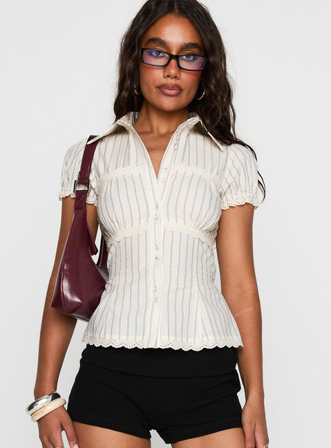 Deserve You Puff Sleeve Button Front Top Cream Stripe Petite