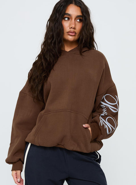 front view of model wearing Princess Polly Princess Polly Script Text Graphic Hoodie Brown / Blue Long 