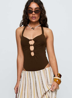 front view of model wearing Princess Polly Silverwing Cut Out Bodysuit Chocolate Sleeveless 