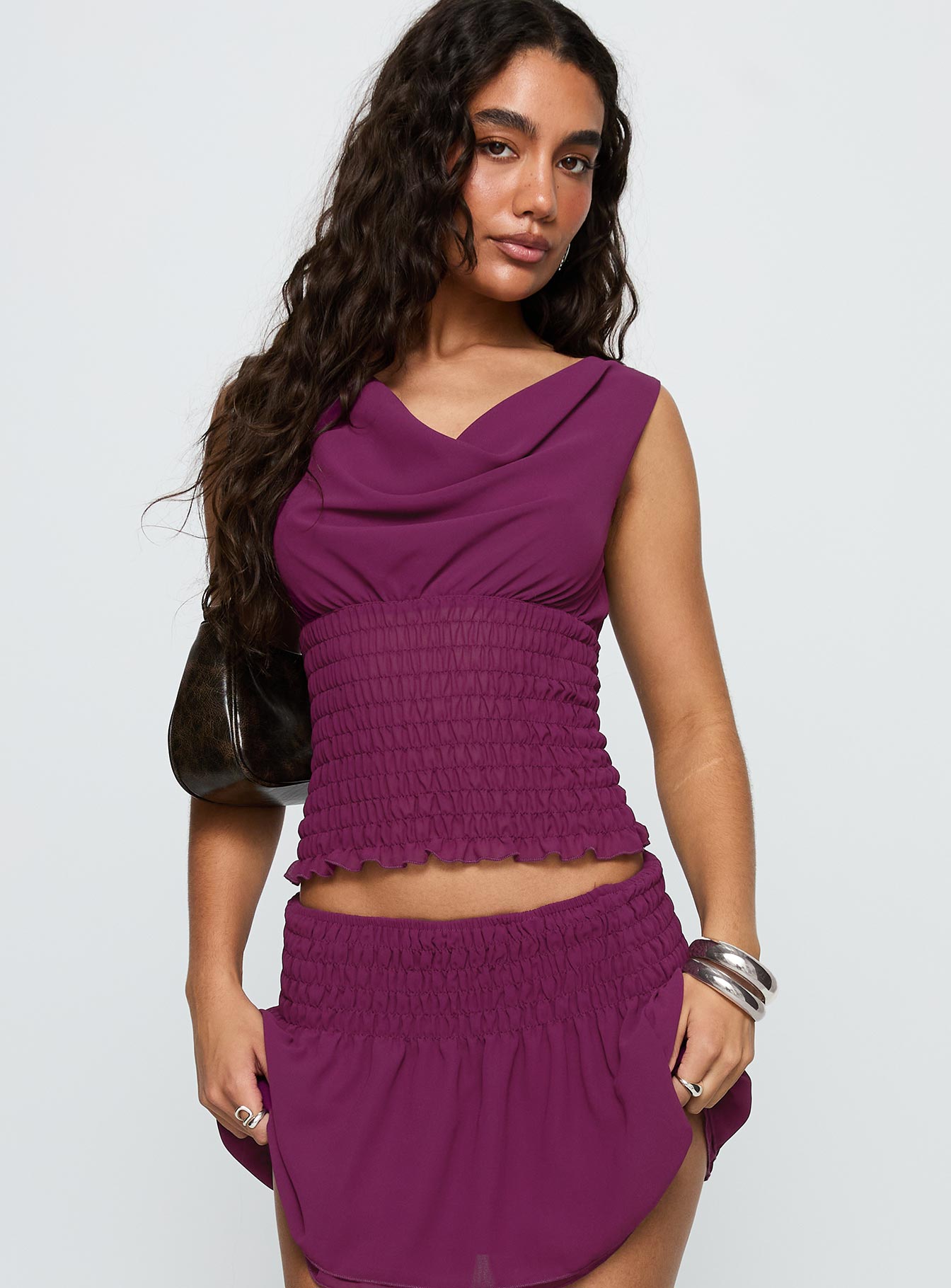 back view of model wearing Princess Polly I Belong Shirred Top Wine Sleeveless Cowl 