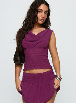 back view of model wearing Princess Polly I Belong Shirred Top Wine Sleeveless Cowl 