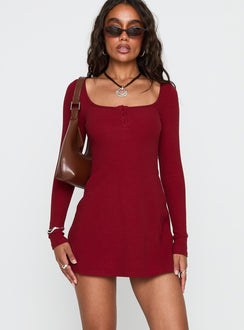 Baseline Long Sleeve Rib Mini Dress Red